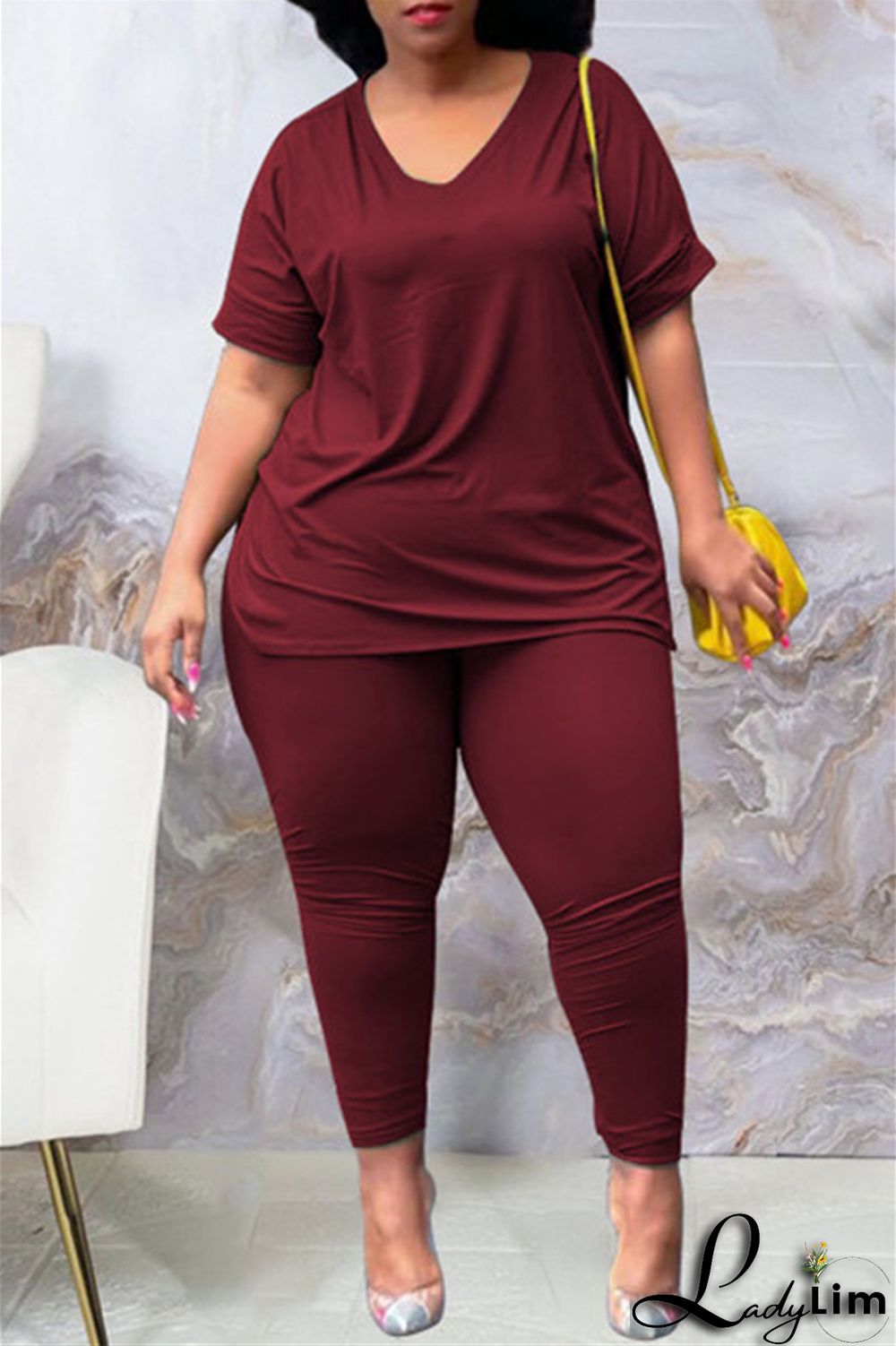 Tibetan Blue Fashion Casual Solid Slit V Neck Plus Size Two Pieces