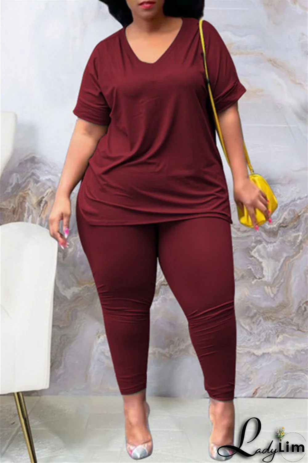 Tibetan Blue Fashion Casual Solid Slit V Neck Plus Size Two Pieces