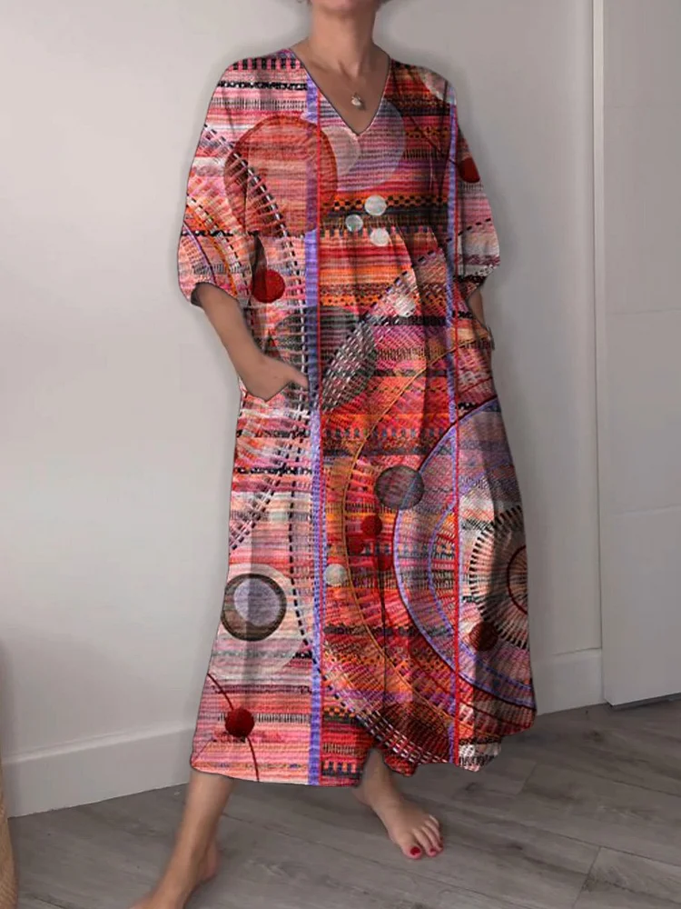 Contemporary Geometric Art Printed Women's Pocket V-Neck Cotton Dress