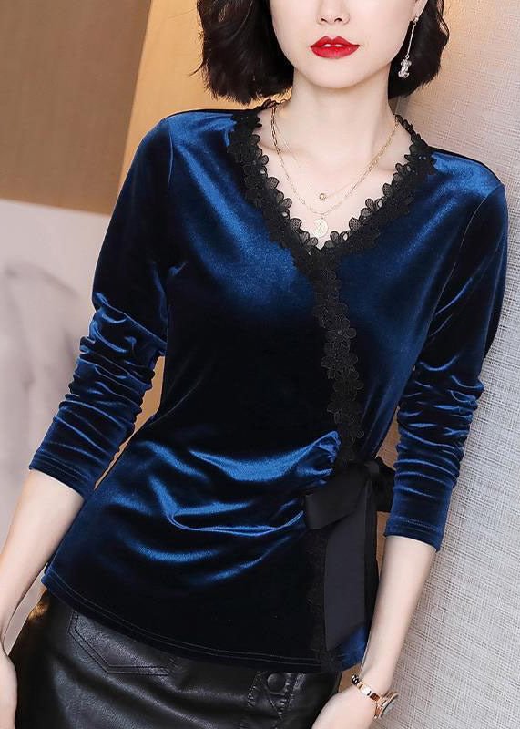 Slim Fit Navy V Neck Lace Patchwork Bow Velour Top Long Sleeve