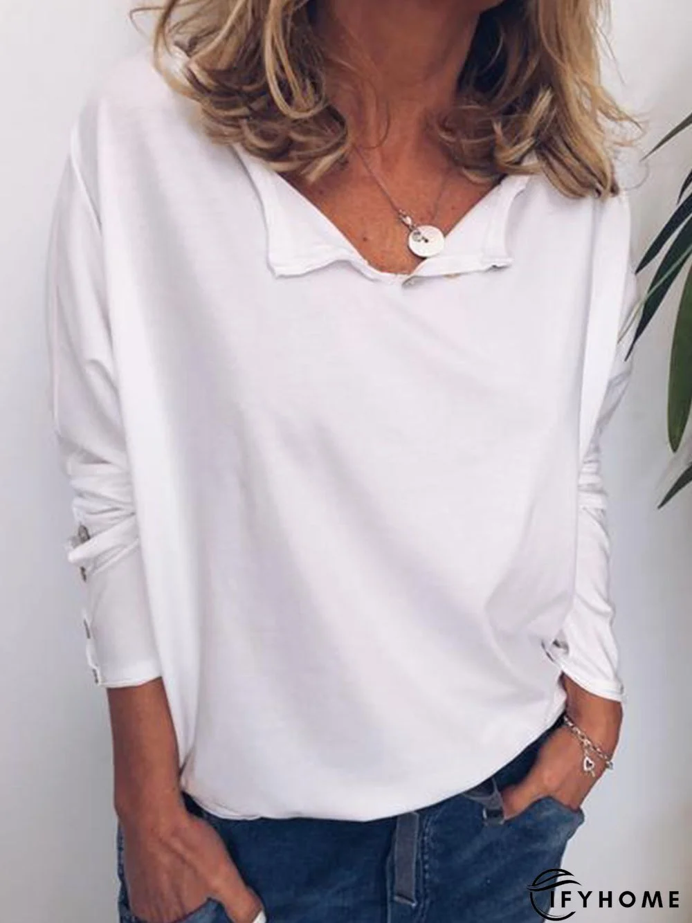 Casual Cotton V Neck Long Sleeve T-Shirt | IFYHOME