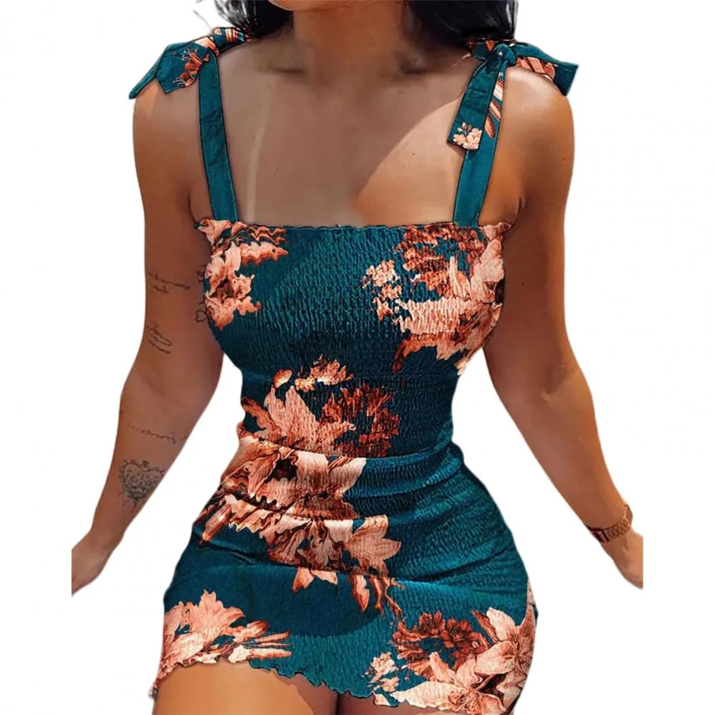 Summer Flower Print Sleeveless Dress Women Strap Dress Tiered Ruffle Ruched Cami Dress Casual Dress Elegant Chic Bodycon Dress