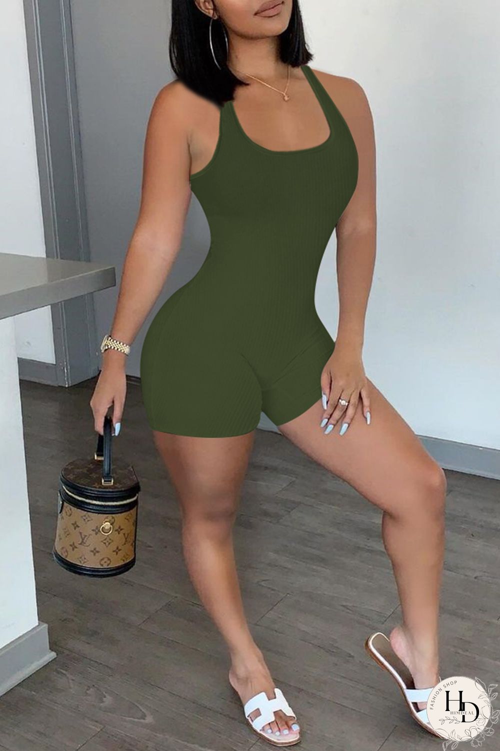 Army Green Casual Sportswear Solid Backless U Neck Skinny Romper