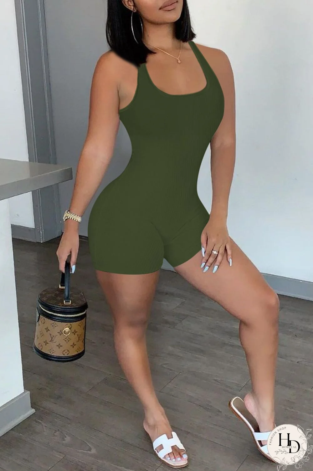 Army Green Casual Sportswear Solid Backless U Neck Skinny Romper
