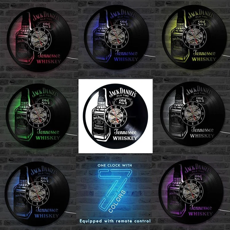 A Bottle of Whiskey Beer Wall Clock Modern Design Vintage Vinyl Record Clocks LED Lighting Wall Watch Home Decor for Beer