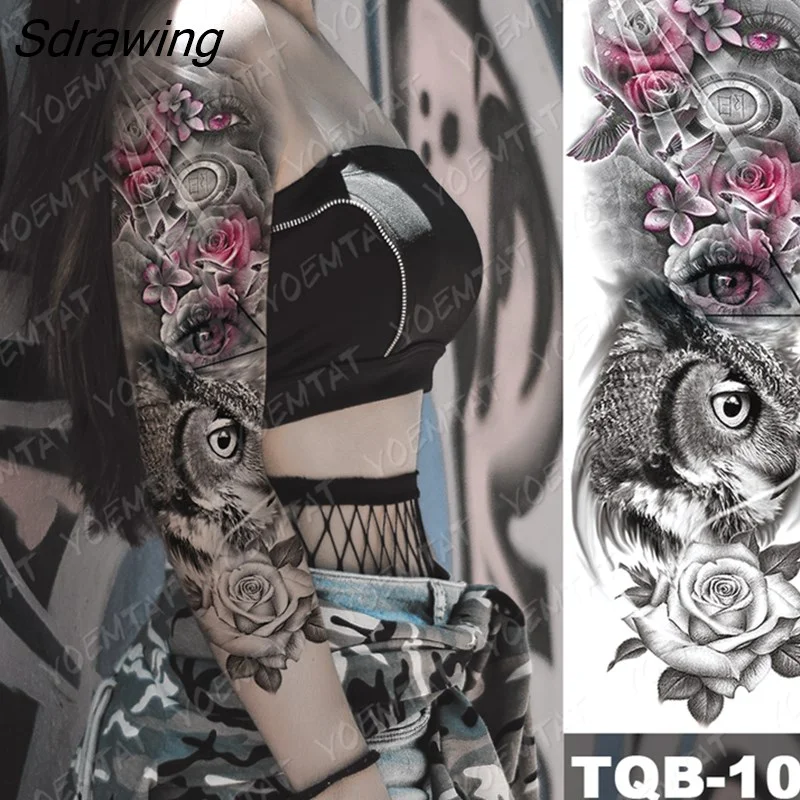 Sdrawing Arm Sleeve Tattoo Tiger Lion Wolf Owl Waterproof Temporary Tatto Sticker Crown Warrior Body Art Full Fake Tatoo Men Women