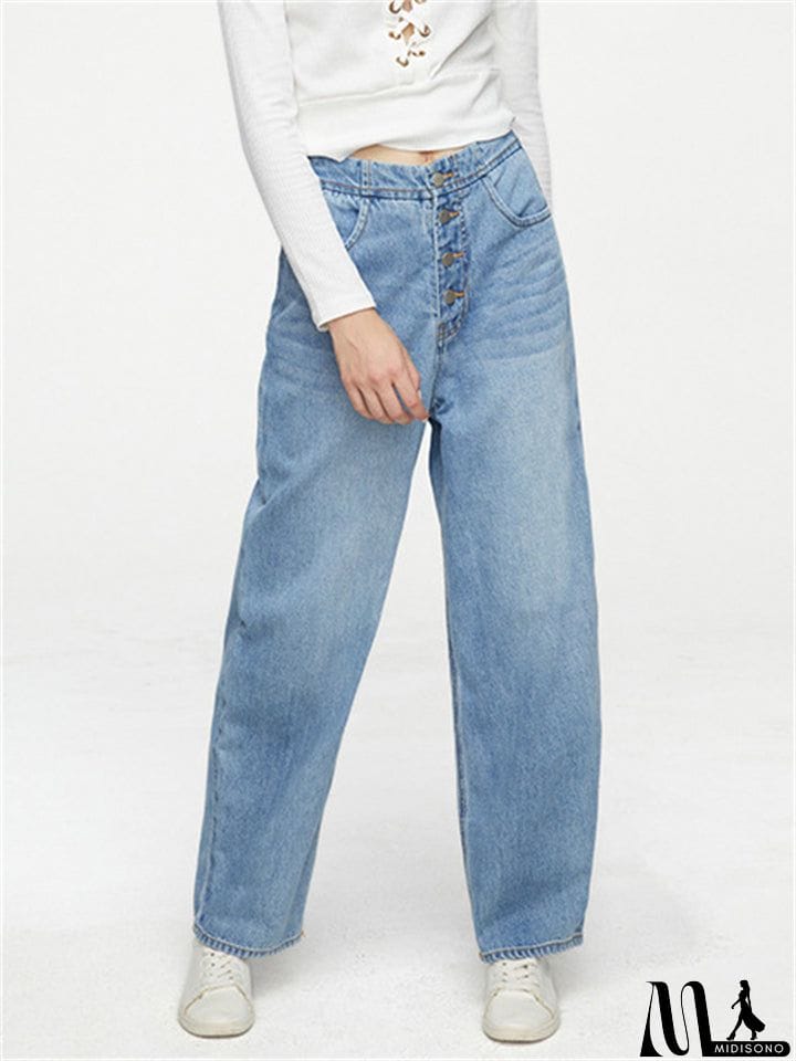 MidiSono - Youth Campus Style Extra Loose Straight-Leg Light Blue Denim Jeans for Women