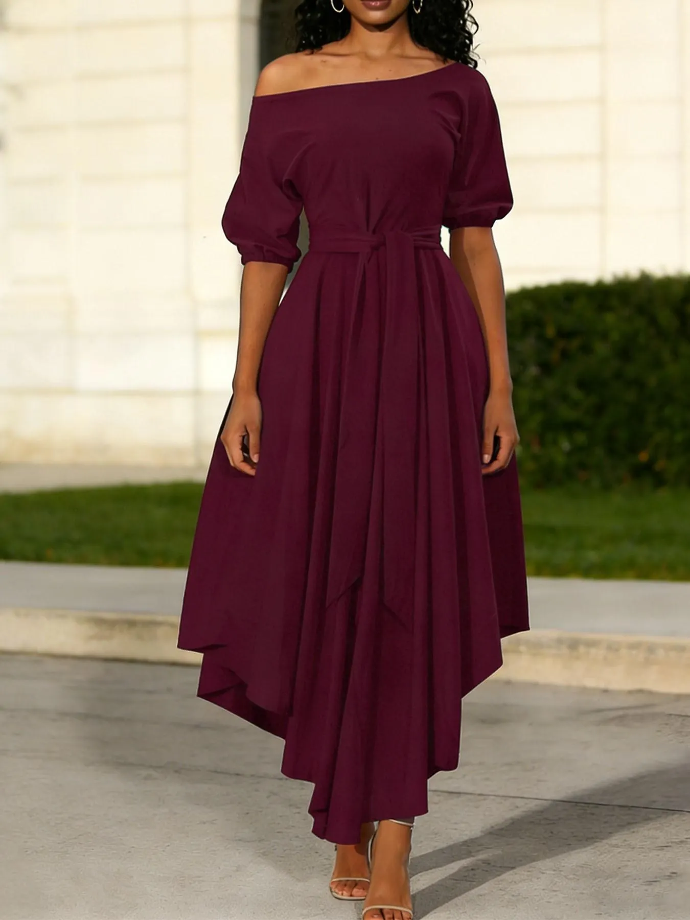 Women's Plain Belted Split Boat Neck Dress, Elegant Bishop Sleeve A Line Dress for Summer, Summer Outfits 2024, Fashion Women's Dress for Casual Daily Wear, Womenswear