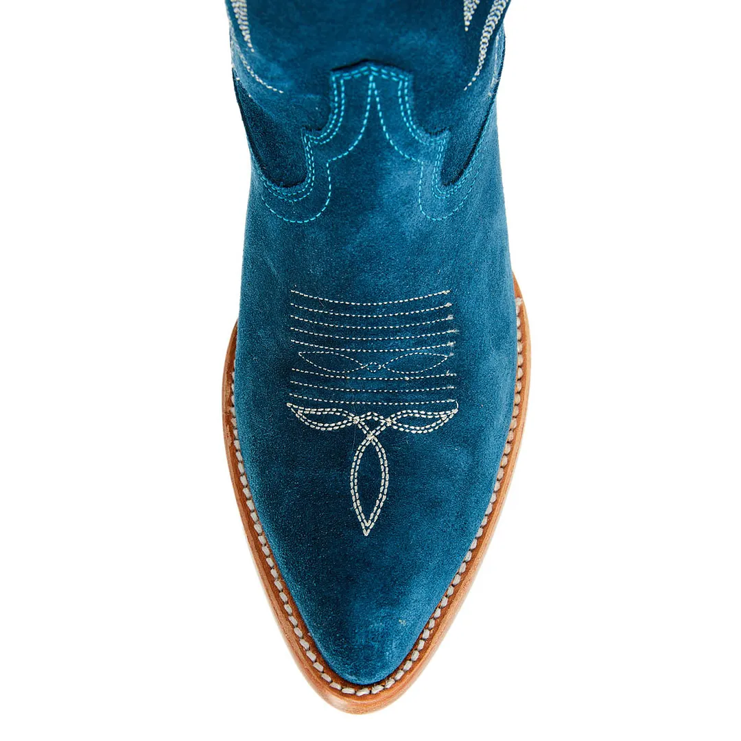 Vegan Suede Chunky Heel Embroidered Wide Calf Cowgirl Boots in Teal