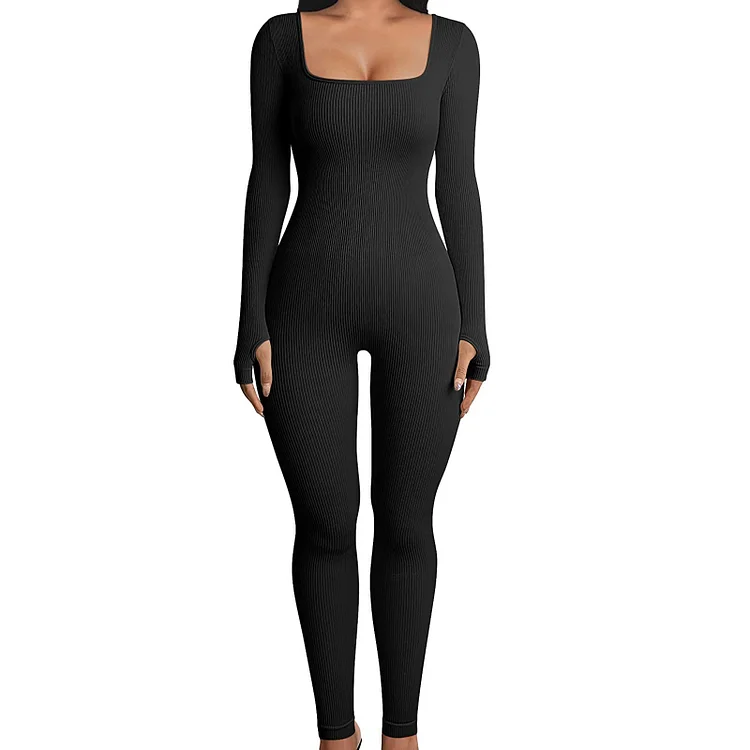PASUXI Custom Women Athleisure Fitness Bodysuit Plus Size Long Sleeve Ribbed Active Wear One Piece Yoga Jumpsuit 