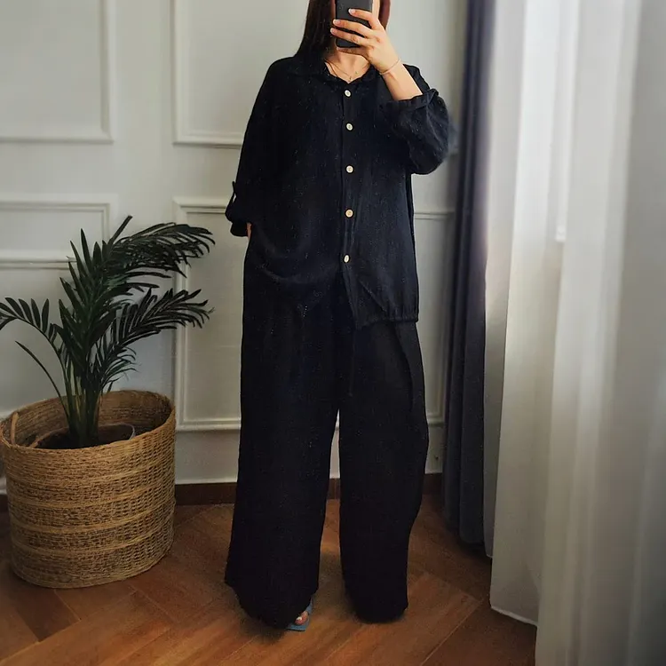 Casual Loose Linen Solid Color Shirt Wide-leg Pants Two-piece Set
