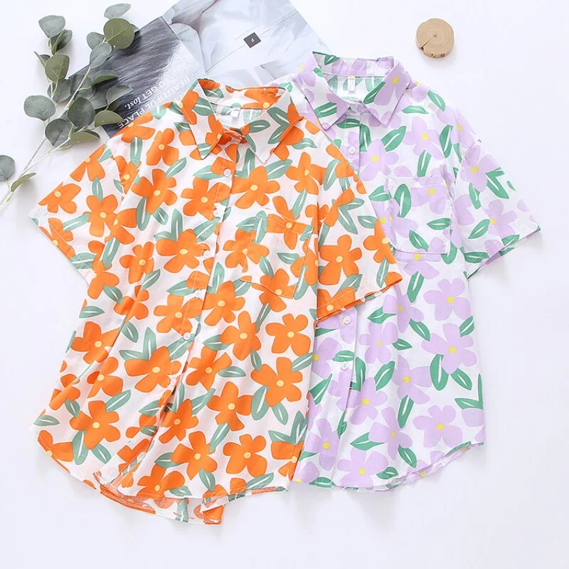Zoki Loose Women Shirt 100% Cotton Chiffon Summer Fashion Print Floral Designed Short Sleeve Button Up Tops Casual Beach Shirts