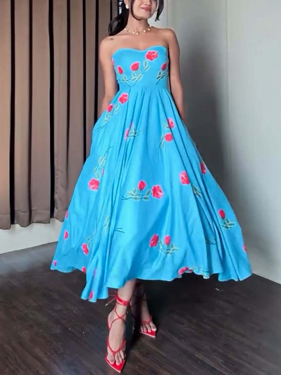 Blue Strapless Floral Print Party Dress
