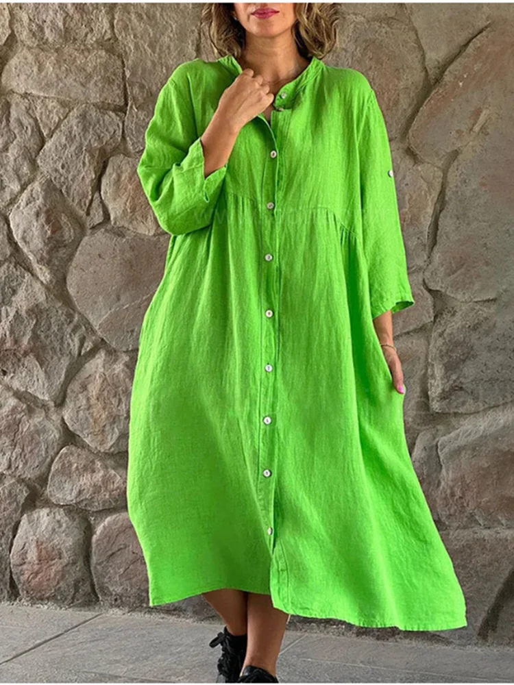 Cotton Linen Retro Casual Loose Button Up Elegant Solid Color Long Sleeve Shirt Midi Dress
