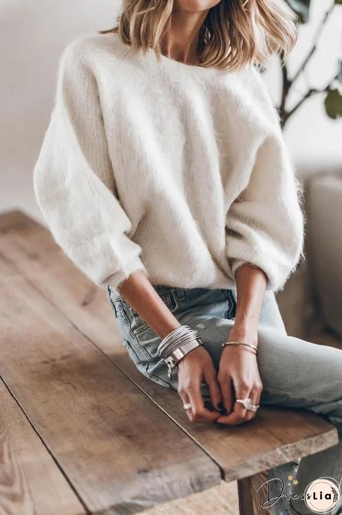 Long Sleeves Twist Back Pure Fuzzy Sweater