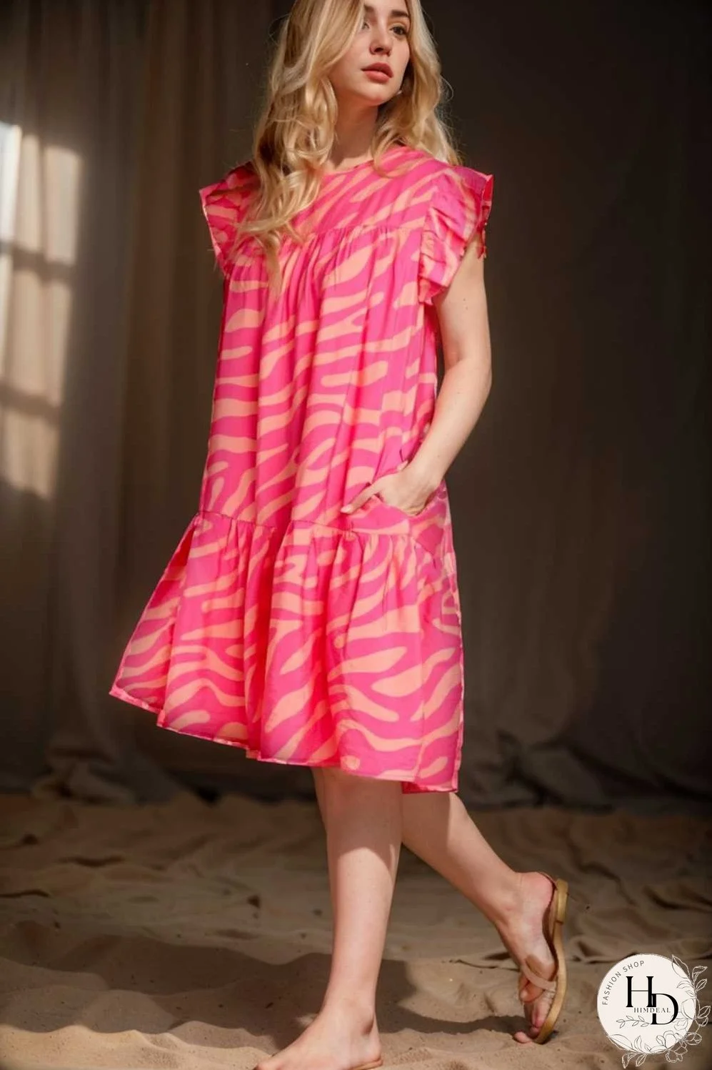 sloping shoulder ruffle print dress