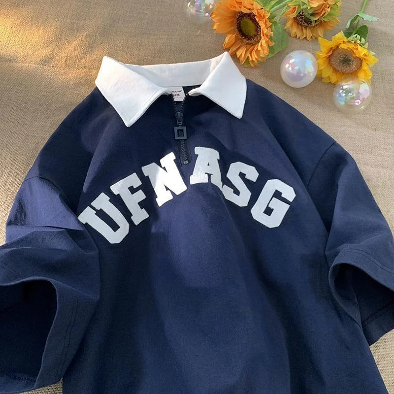 Inongge Baseball Polo Shirts Short Sleeved Men And Women Couples Summer Trend Half Zipper T Shirt Half Sleeve Top Clothes Y2k Top Goth