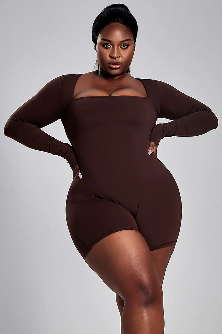 Xpluswear Design Plus Size Daily Romper Coffee Long Sleeves Slim Fit Knitted Romper [Pre-Order]