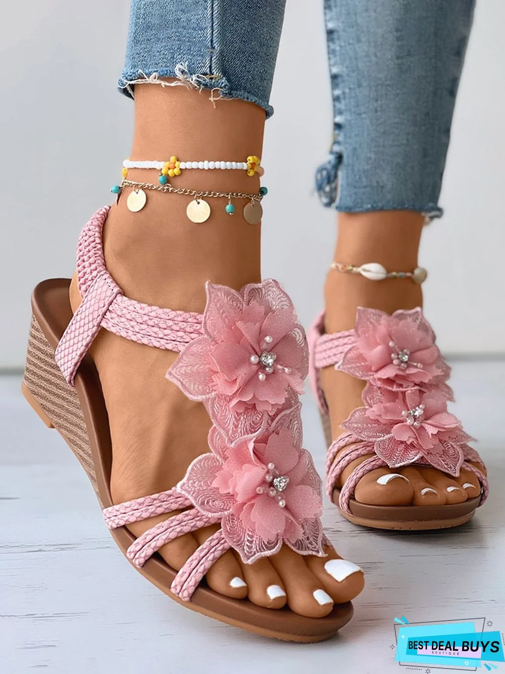 Bohemian Applique Beaded Slip On Wedge Sandals