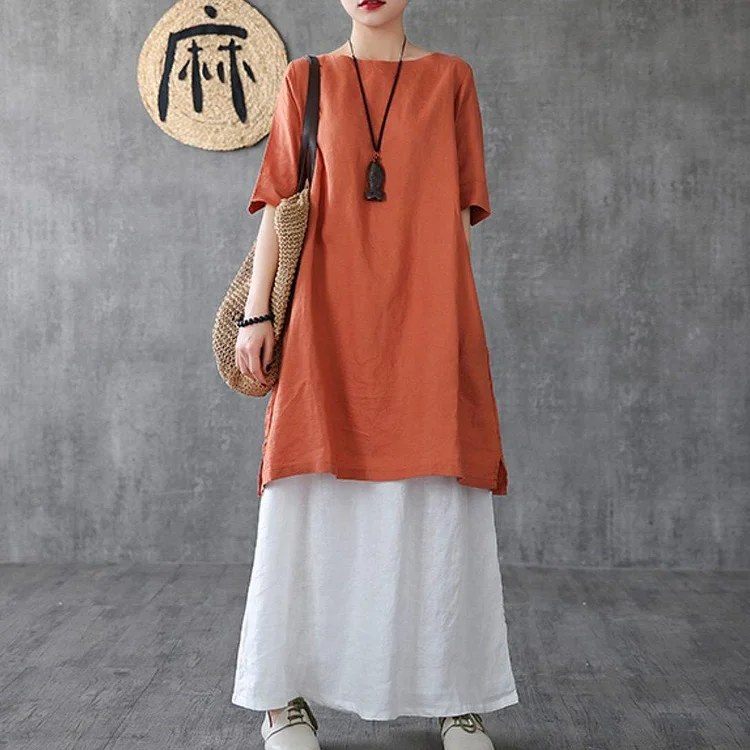 Organic o neck pockets linen dresses Inspiration orange Dress summer