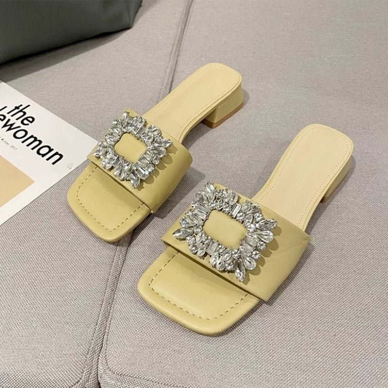 Women Flat Slippers Rhinestone Square Toe Female Slides Elegant Ladies Summer Shoes Solid Woman's Beach Sandals Fashion 2022 New