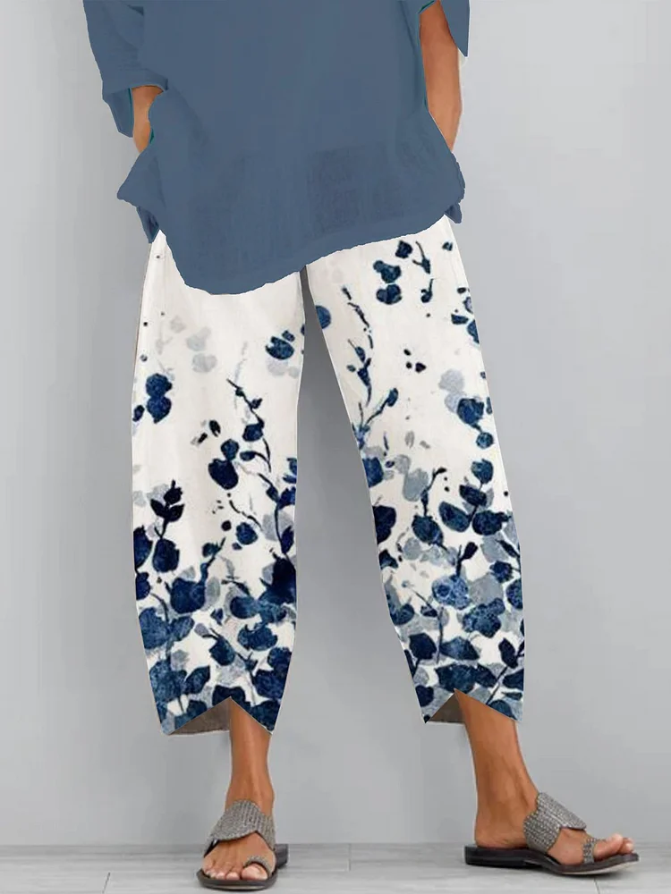 Floral Shift Printed Polyester Vintage Summer Blue Pants