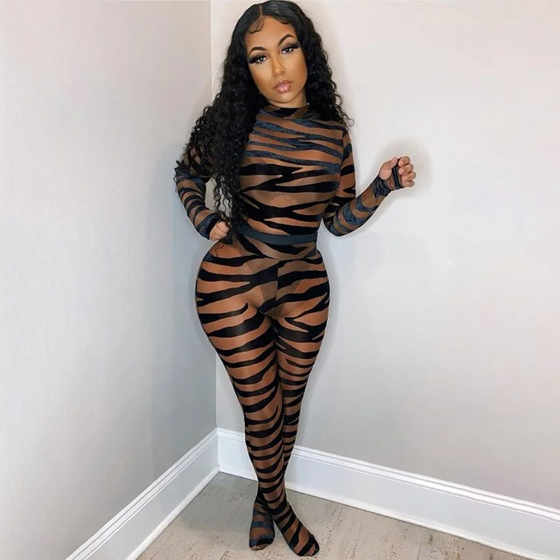 Brownm BIIKPIIK Striped Printing Jumpsuit Women Sexy See through Club Partywear Autumn Female Long Sleeve O-Neck Skinny Rompers Outfits