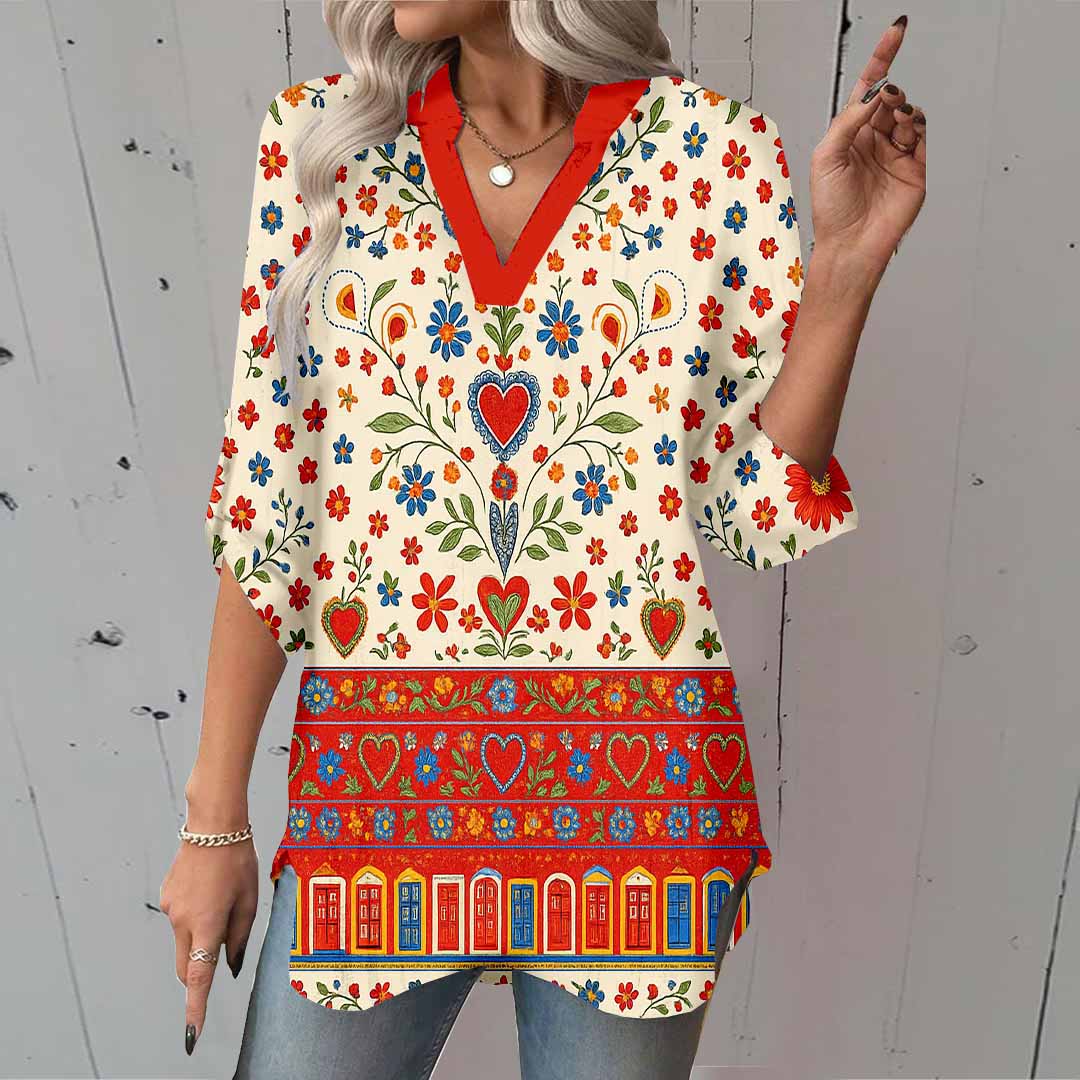 Women Floral, Retro, Red DZGA0161 3/4 Sleeve V-neck Printed Graphic Button Tops