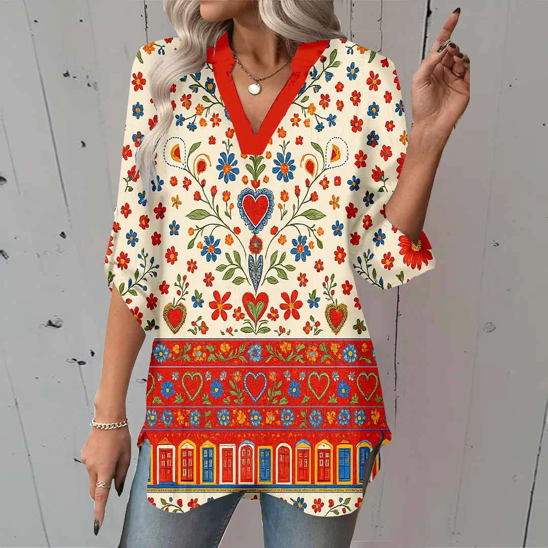 Women Floral, Retro, Red DZGA0161 3/4 Sleeve V-neck Printed Graphic Button Tops