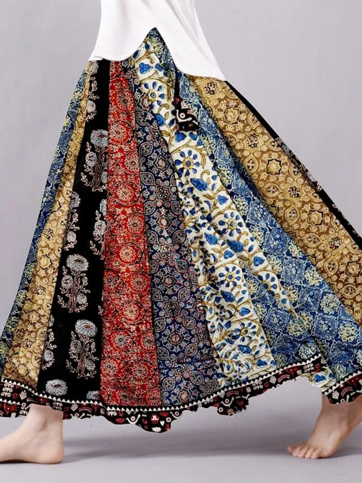 Women's Retro Textile Flowy Linen Blend Wide Skirt 