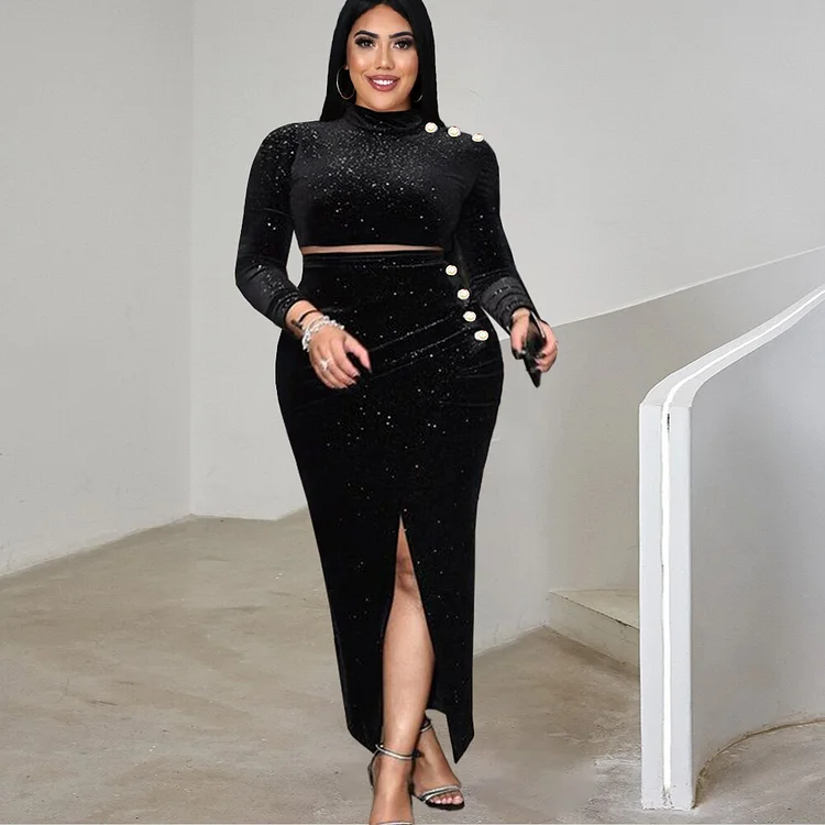 Velvet Dress for Women Black Shiny Elastic High Waist Long Sleeve Glitter Navel Pleated Sexy Slit Evening Party Outfit Plus Size QueenFunky