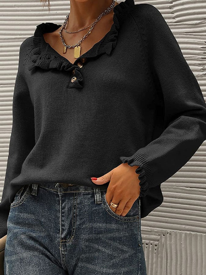 Casual Long Sleeve Button Ruffle Sweater