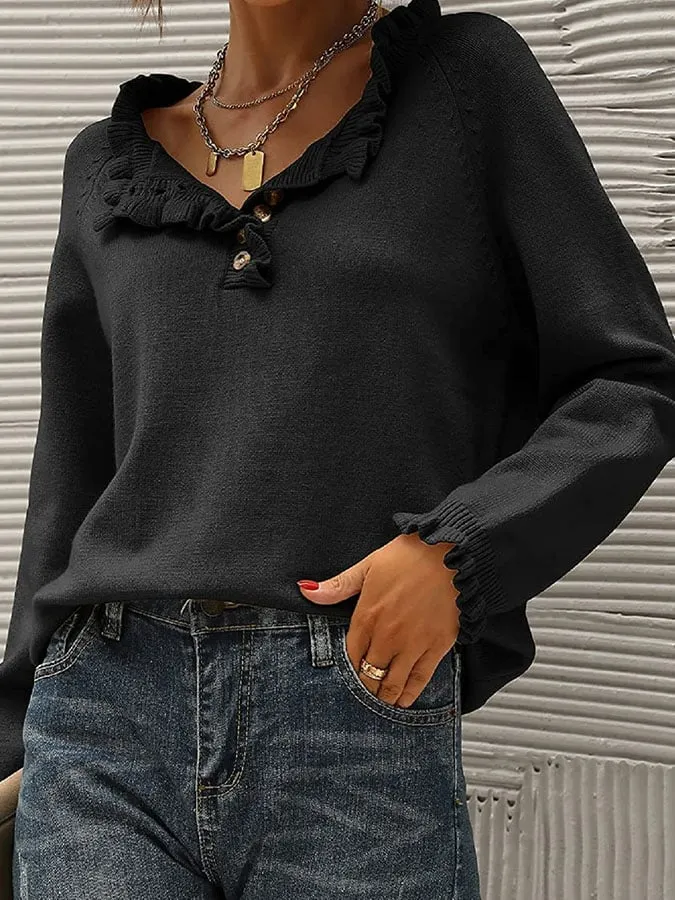 Casual Long Sleeve Button Ruffle Sweater
