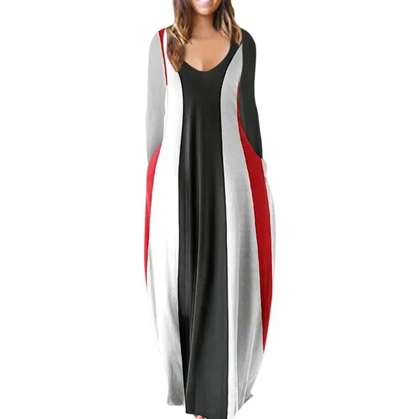 Womens Loose Pocket Boho Vintage Hole Dress Full Long Sleeper Spring Party Beach Maxi Big