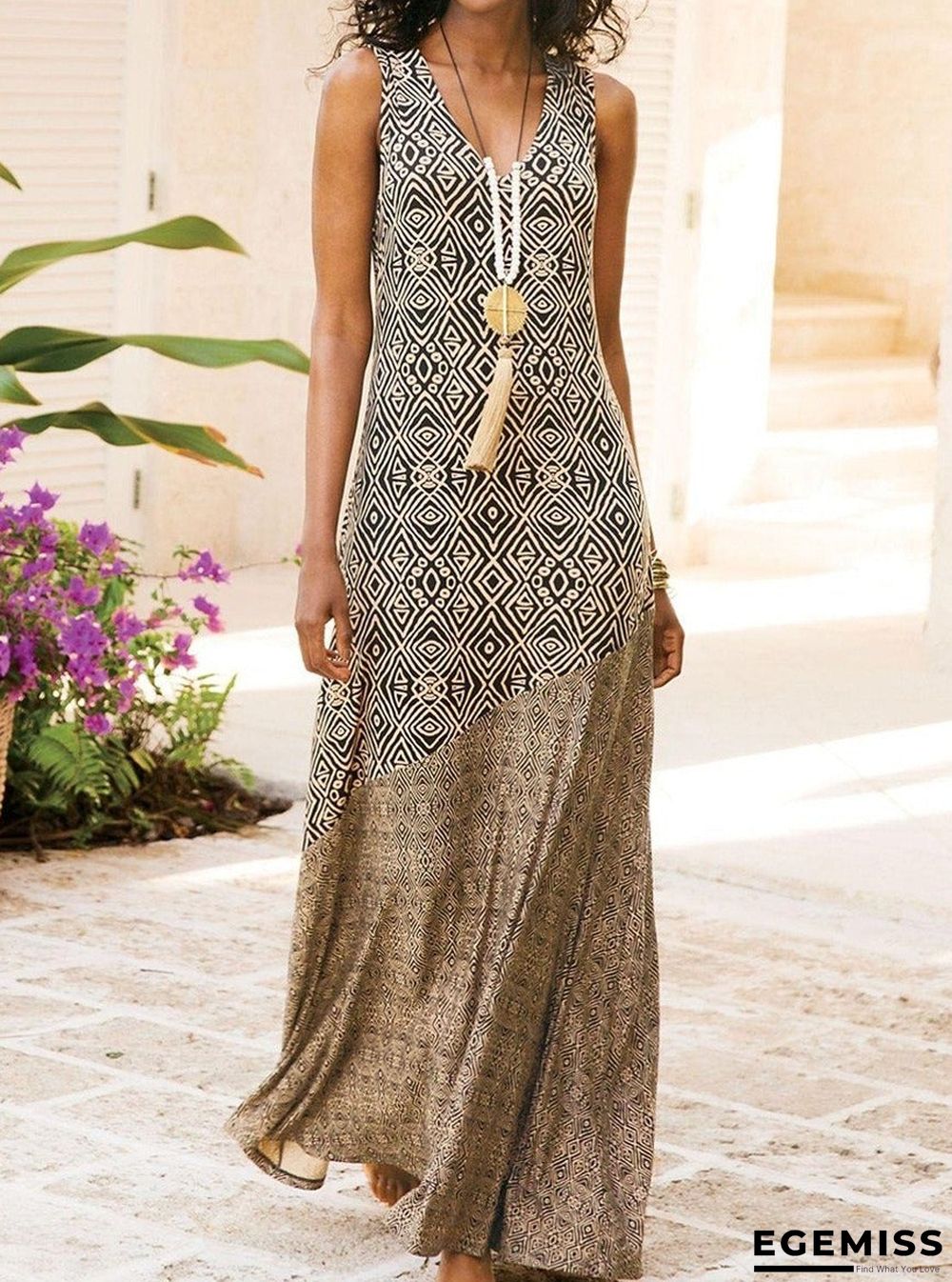 Bohemian Holiday Dress Sleeveless Stitching Printed Dress | EGEMISS