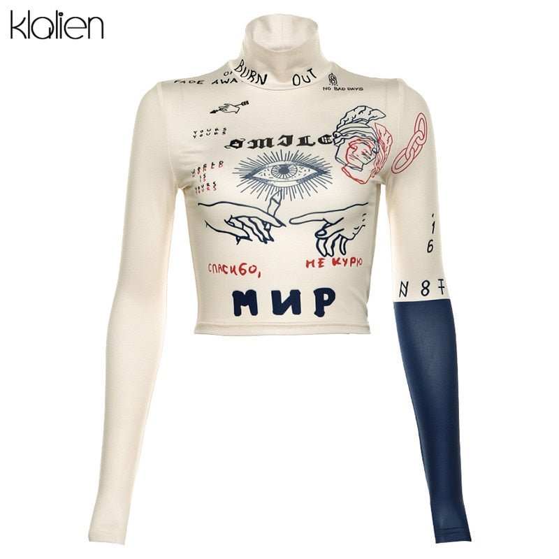 KLALIEN Women Long Sleeve Turtleneck Letters Print Slim Sexy Skinny T-Shirt Fashion Spring New Streetwear Basic Hip Hop Top New
