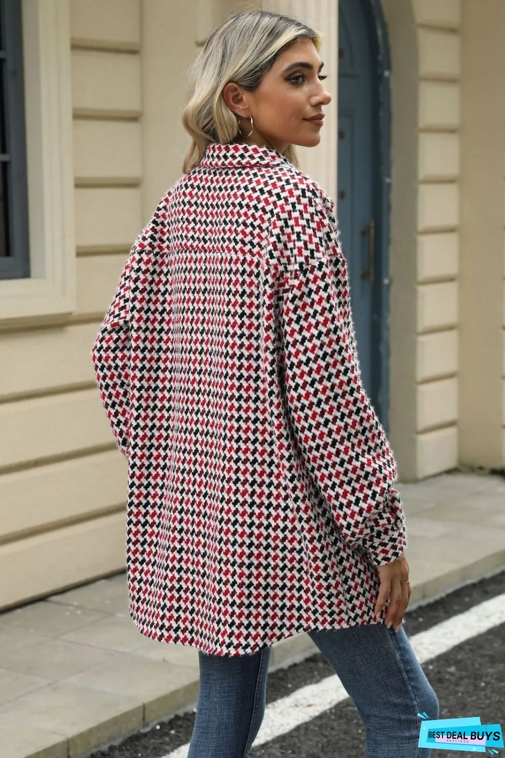 Houndstooth Button Up Dropped Shoulder Coat