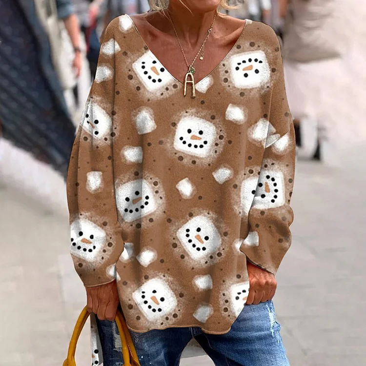 Comstylish Snowman Print V-Neck Loose T-Shirt