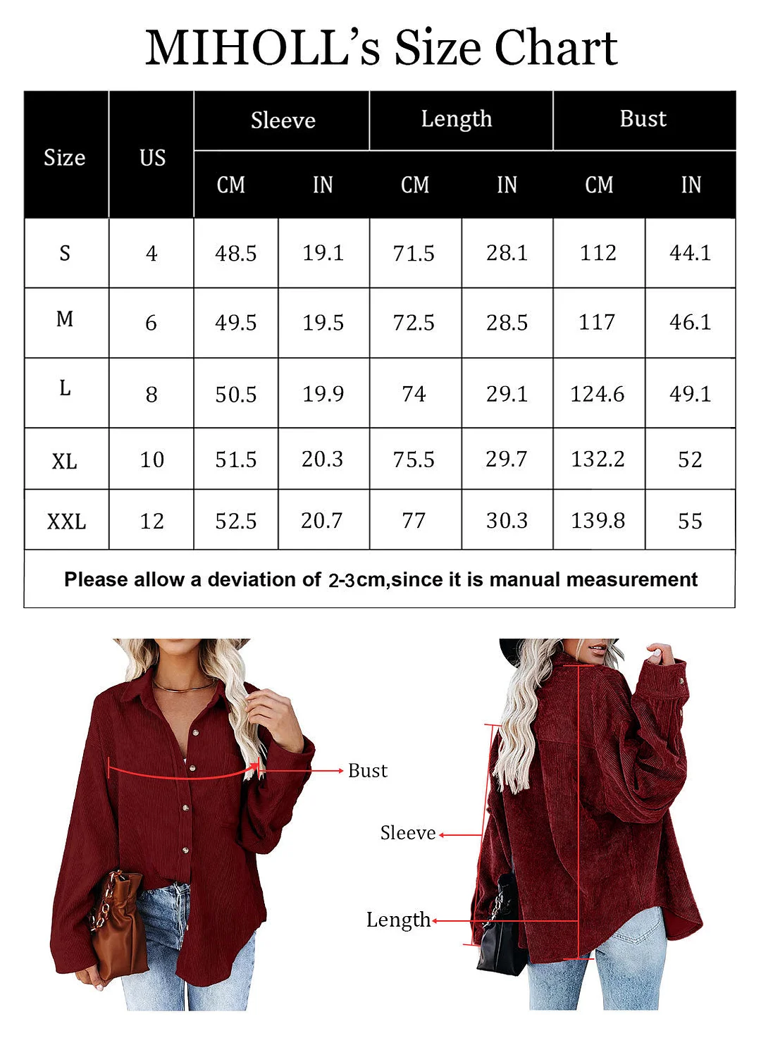 MIHOLL Women Corduroy Long Sleeve Button Down Collared Shirt Jacket Tops