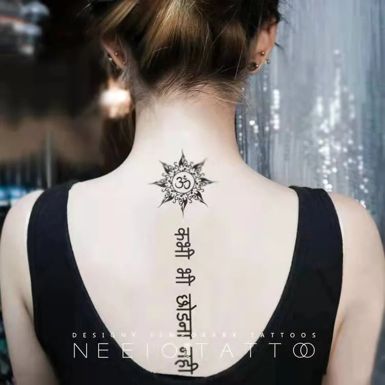 Black Lotus Totem Tattoo Stickers Waterproof Lasting Temporary Tattoo Sanskrit Art Fake Tattoo Back Arm Sexy Tattoos for Women
