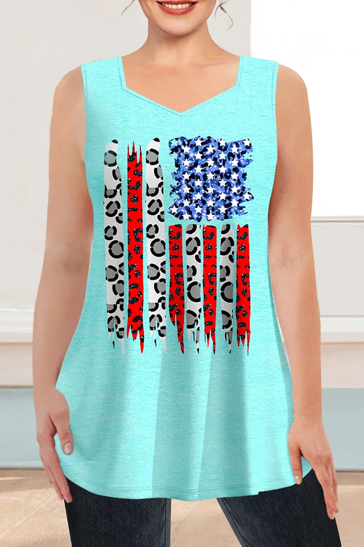 Flycurvy Plus Size Casual Cyan Stars And Stripes Leopard Print Tank Top  Flycurvy [product_label]