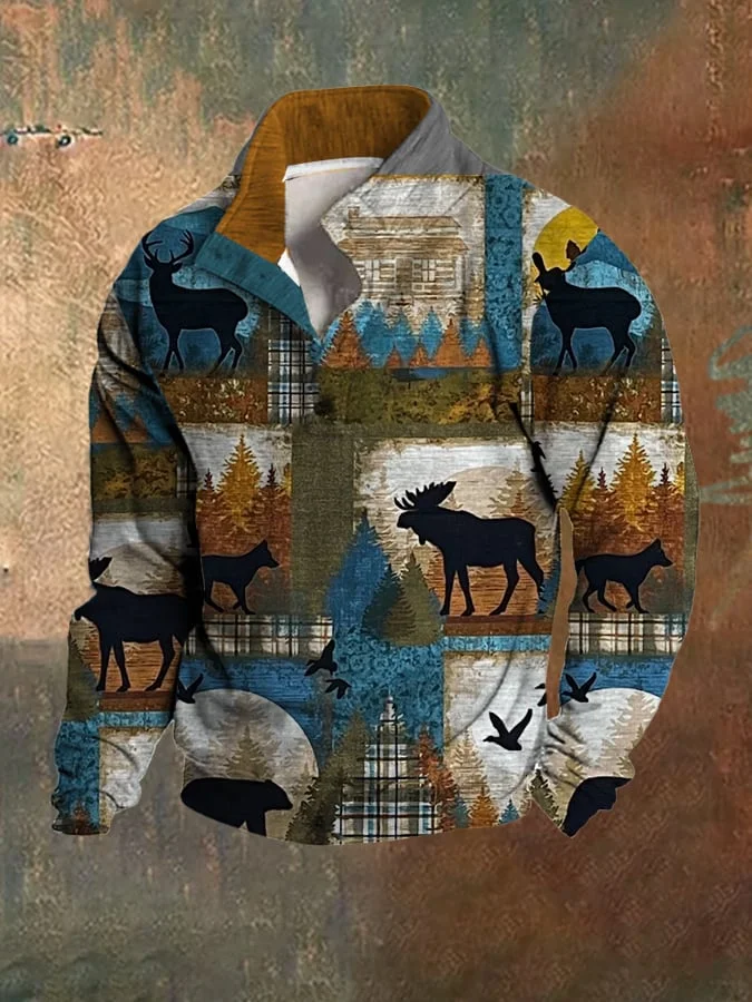 Men's Fleece Outdoor Hunting Enthusiast Elk Plaid Print Stand Collar Sweatshirt