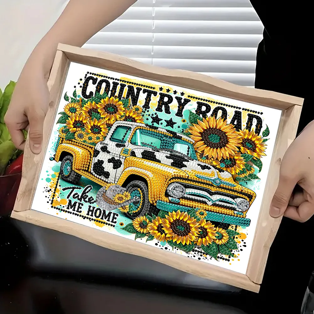 5D DIY Wooden Sunflower Car Diamond Painting Tray Art Craft for Desk Coffee Table