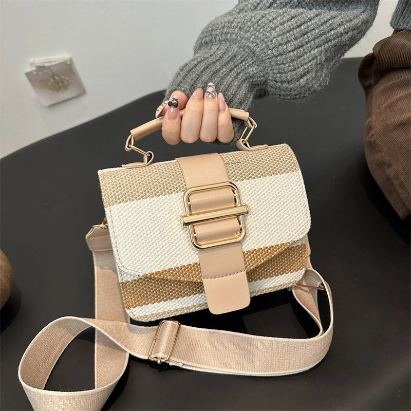 Women’s Pu Leather Stripe Classic Style Sewing Thread Square Magnetic Buckle Flip Cover Crossbody Bag