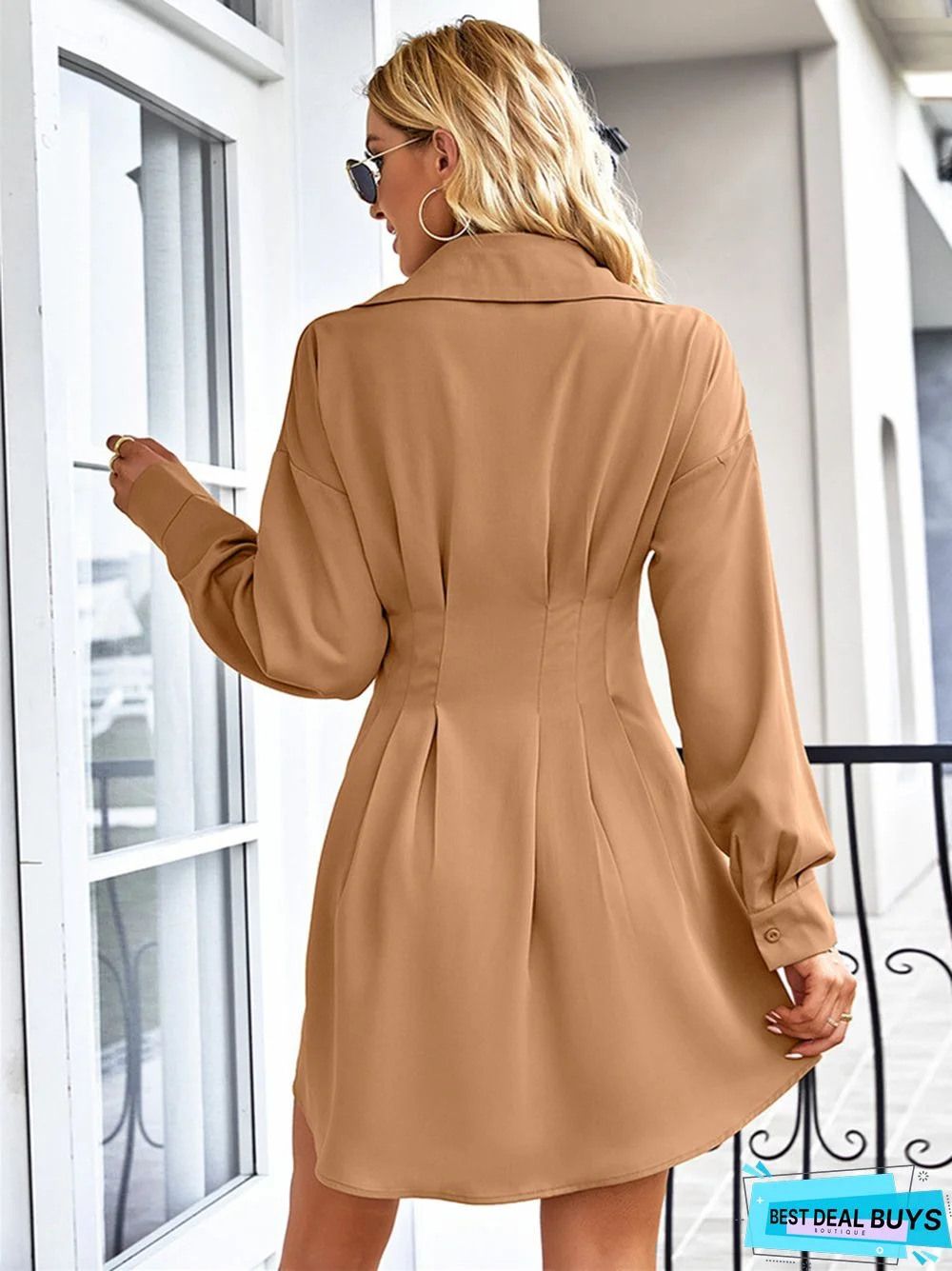 Solid Color Waist Closing Slim Long Sleeve Shirt Dress