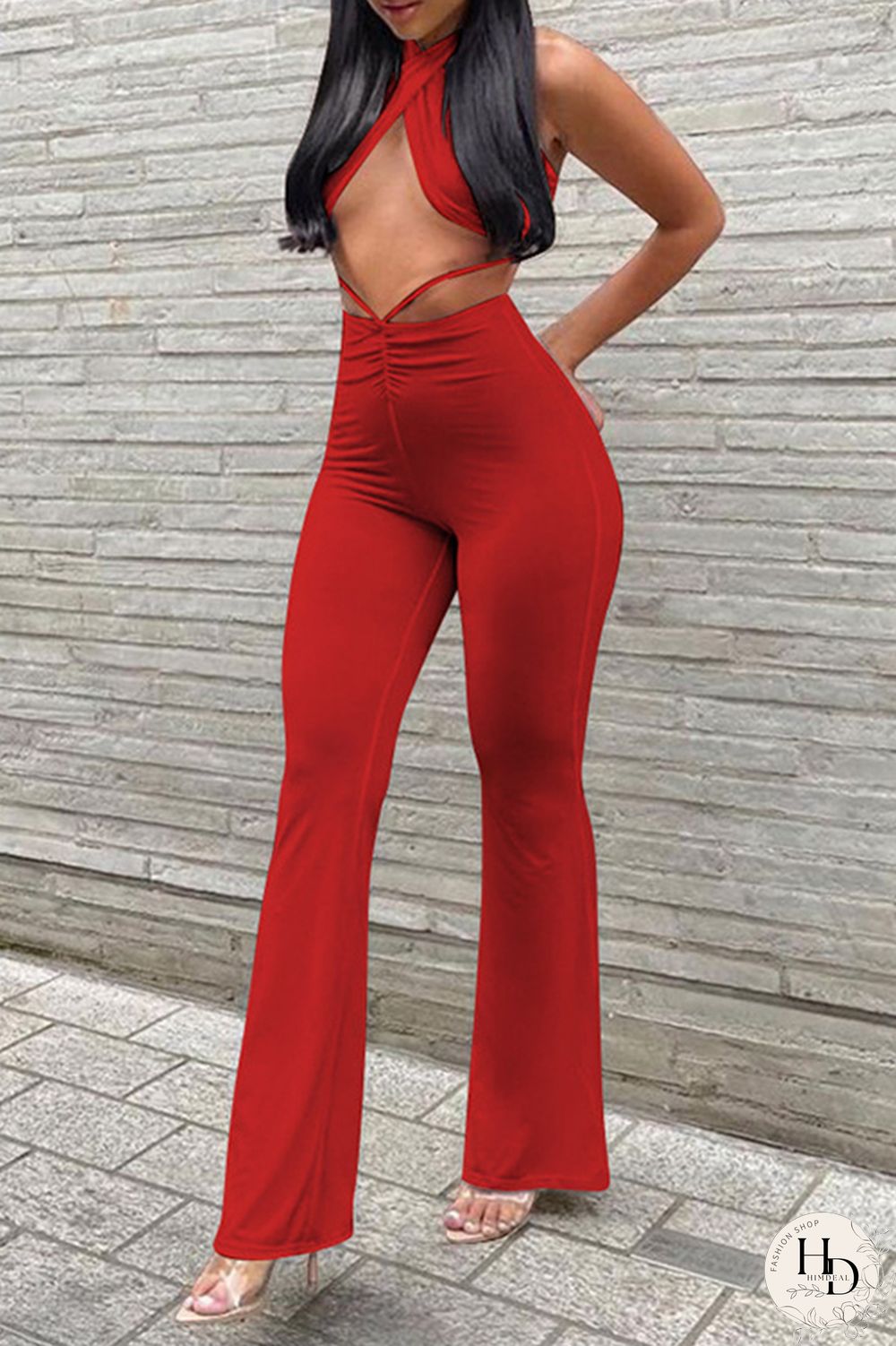 Red Fashion Sexy Solid Backless Halter Sleeveless Two Pieces