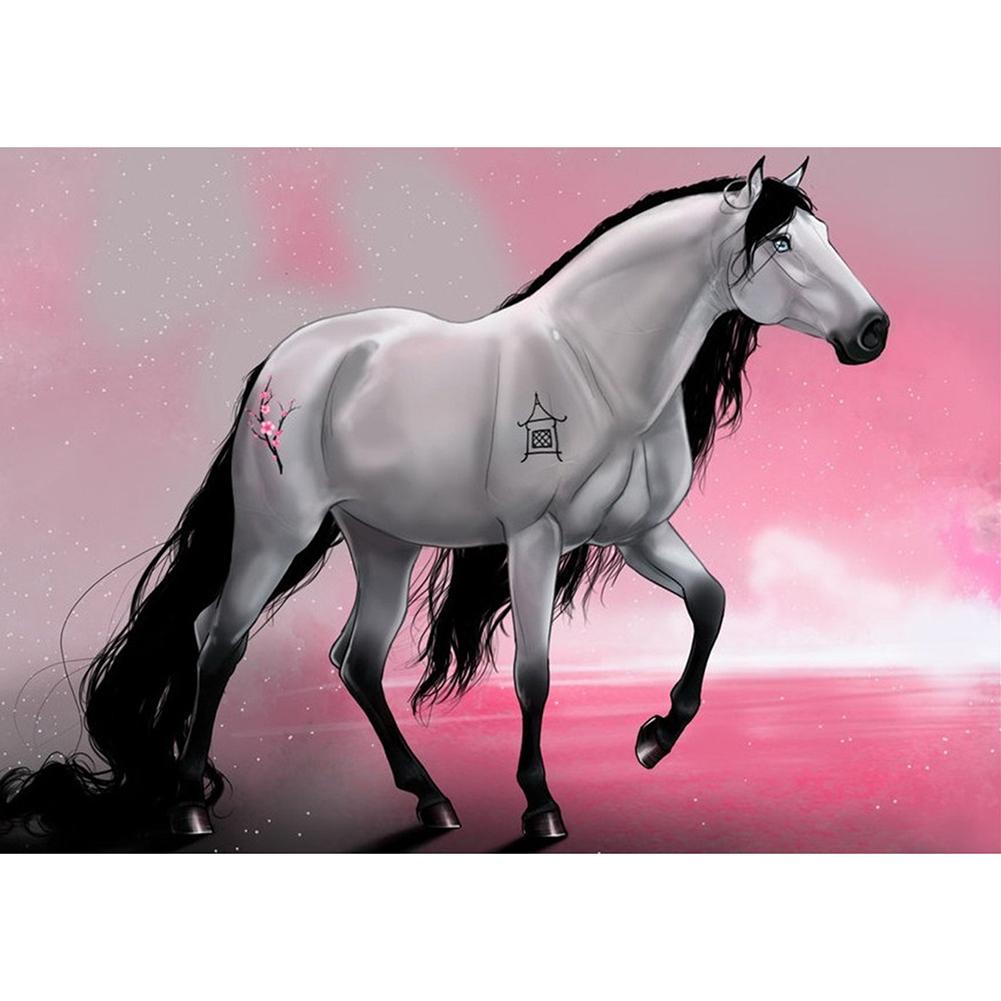 

40*30CM-Round Drill Diamond Painting-Pink Tattoos Horse, 501 Original