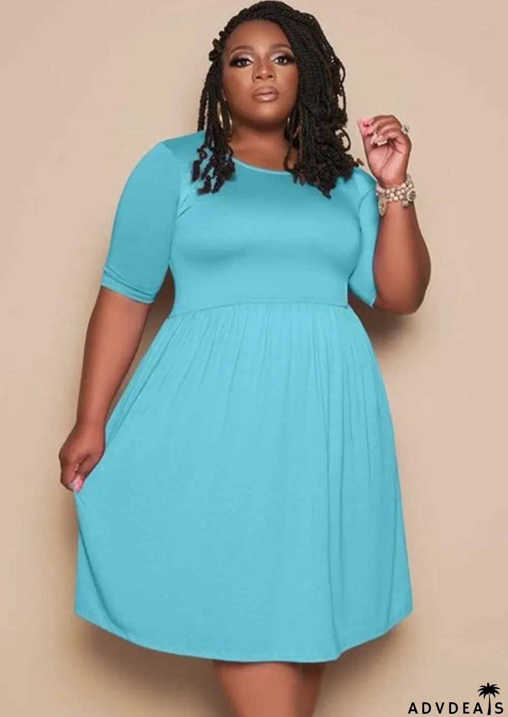 Summer Plus Size Casual Blue O-Neck Skater Dress