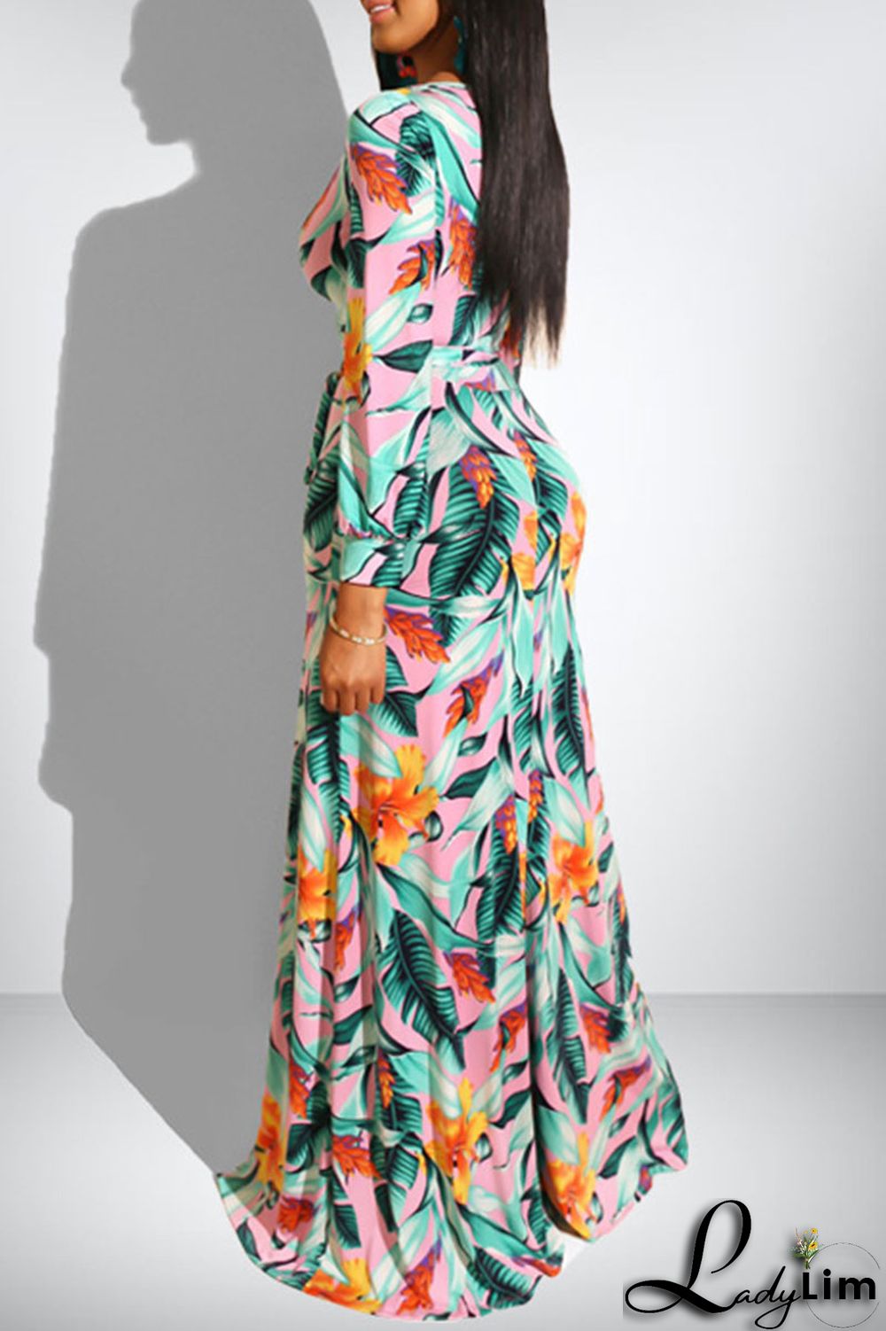 Pink Sweet Elegant Print Patchwork V Neck Straight Dresses