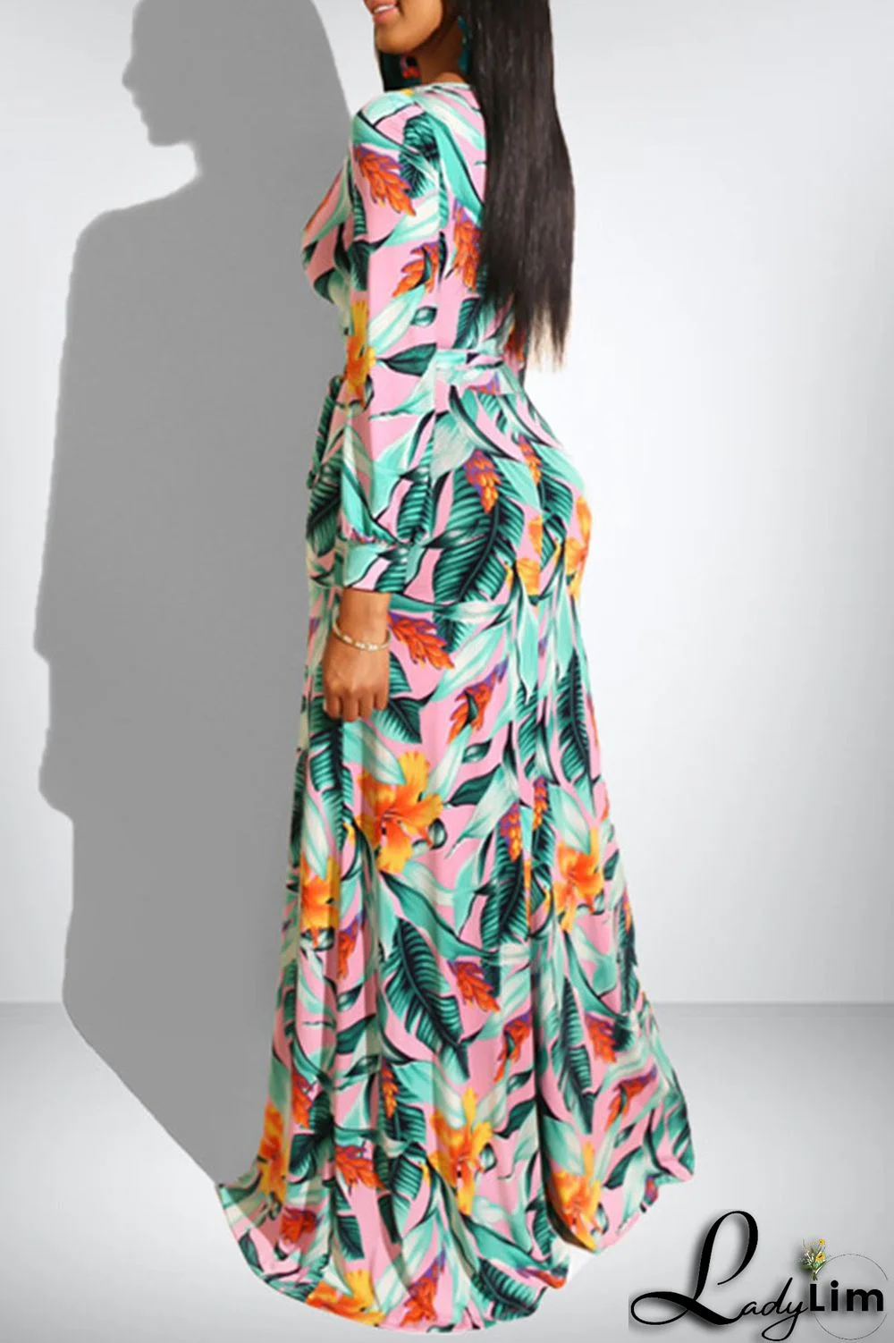Pink Sweet Elegant Print Patchwork V Neck Straight Dresses